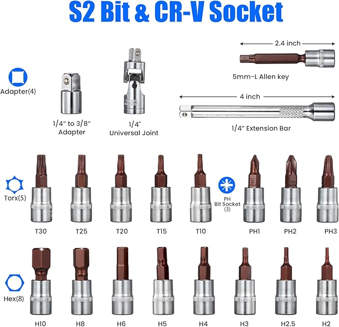 ‌1/4 Inch Drive Click Torque Wrench Set, 20-200 in.lb / 2.26-22.6 Nm Inch Pound Torque Wrench 90-Tooth Bike Torque Wrench Set with ±3% Accuracy for Bicycle and MTB Repair