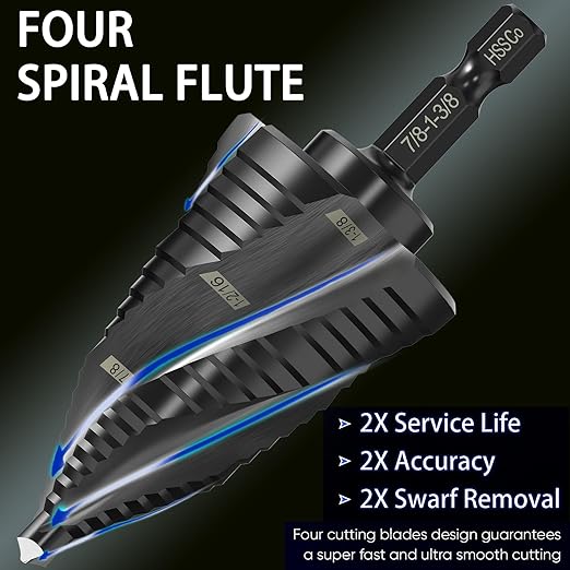 M35 Cobalt Step Drill Bit Four Spiral Flute, 3/16"-1-3/8" (19 Step Sizes) - Ideal for Metal, Stainless Steel, Wood, Plastic - 1/4" Hex Shank