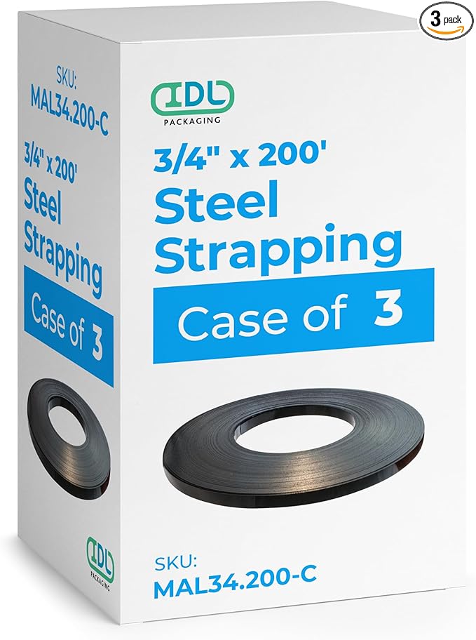 IDL Packaging 3/4" x .020" x 200' Steel Strapping Coil, 1700 lbs Break Strength in Self-Dispensed Сardboard Box - Portable Strong Banding with Superior Cut-Resistance (Pack of 3)