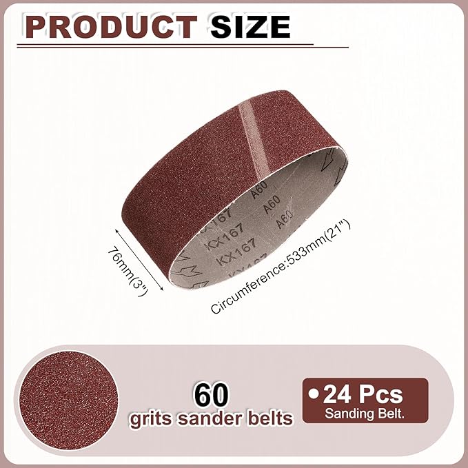 HARFINGTON 3 x 21 Inch Sanding Belts, 6 Pcs 60 Grits Aluminum Oxide Abrasive Belt Sander File Belt for Woodworking, Metal Polishing, Knife Sharpener