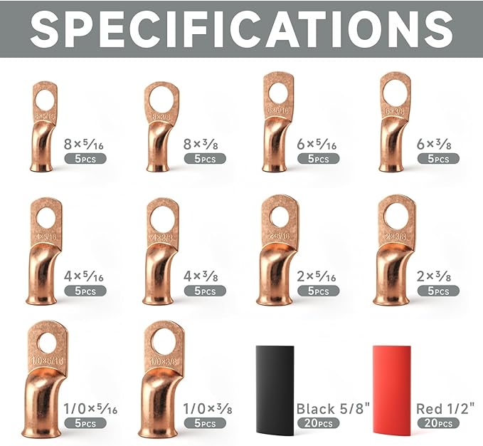 iCrimp Battery Cable Lug Crimping Tool Kit for Copper Lugs Awg 8-1/0,Battery Cable Crimper with 90pcs Copper Battery Lugs/Heat Shrink Tube