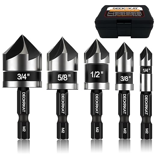 5 Pcs Countersink Drill Bit Set, Industrial Grade M2 High-Speed Steel, 82 Degree, 5 Flute with 1/4” Quick Change Hex Shank, 1/4" to 3/4" Size for Metal, Wood & Plastic - Includes Durable Case