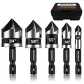 5 Pcs Countersink Drill Bit Set, Industrial Grade M2 High-Speed Steel, 82 Degree, 5 Flute with 1/4” Quick Change Hex Shank, 1/4" to 3/4" Size for Metal, Wood & Plastic - Includes Durable Case