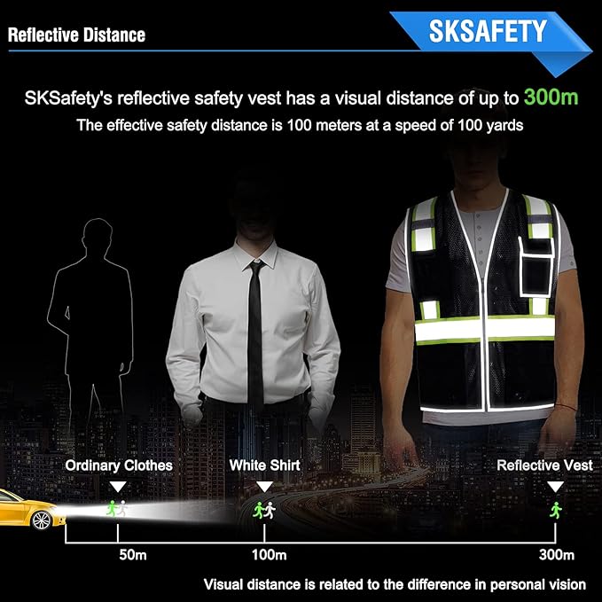 SKSAFETY 10 Pockets Safety Vest, Class 2 High Visibility Security with Zipper Double-sided mesh, Hi Vis Vest with Reflective Strips, ANSI/ISEA Standard, Construction Work Vest （Black, 3XL）