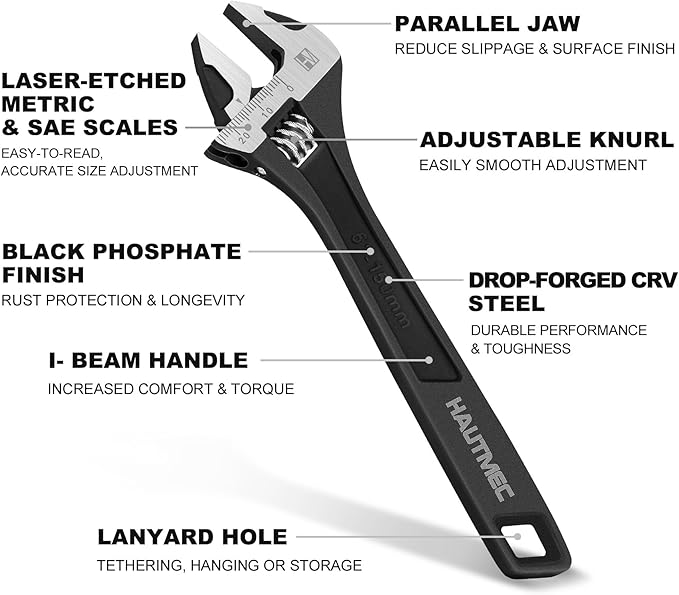 HAUTMEC 6 inch Adjustable Wrench Extra Wide Jaw Black Finish Adjustable Wrenches Drop-Forged CR-V Steel Metric & SAE Scales for Home Garage Workshop DIY
