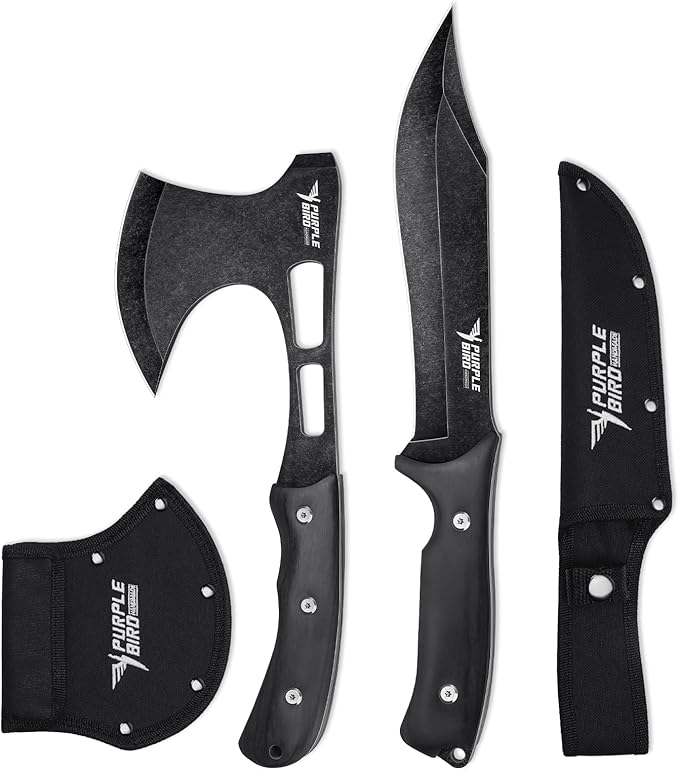 PURPLEBIRD Outdoor Survival Axe & Fixed Blade Knife Set - Full Tang Camping Hatchet and Hunting Knife with Sheath, Lightweight Small Hand Axe & Bushcraft Knives Set with Wood Handle, Gift Box for Men