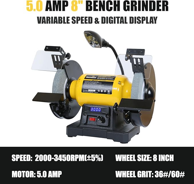 Digital Display 8 Inch Variable Speed Bench Grinder, 3/4HP 5.0 Amp Power Bench Grinder with Work Light, Adjustable Tool Rest and Cast Iron Base for Knife, Chisel