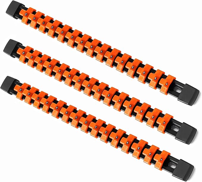 ALOANES 3 PC ABS Socket Organizer, 3/8 inch, Drive Socket Rail Holders, Heavy Duty Socket Racks, Black Rails with Orange Clips