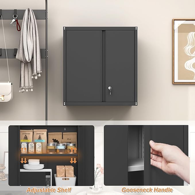 GREATMEET Metal Garage Storage Cabinet with Lock, Metal Wall Cabinets for Garage, Wall Mount Cabinet, Upper Cabinets Wall Mounted, Utility Cabinet with Adjustable Shelf, Black