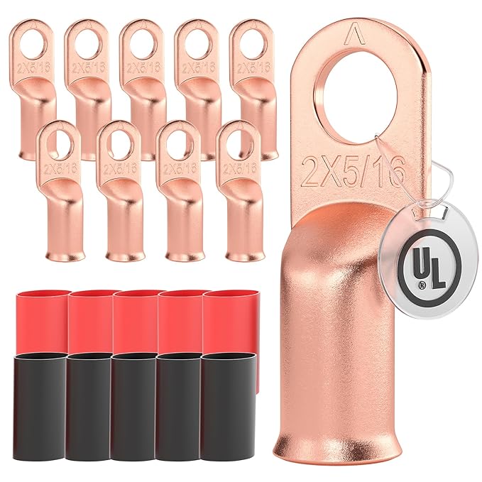 AIRIC 10 PCS UL Listed 2 AWG - 5/16" Battery Cable Lugs, Heat Shrink Ring Terminals End, Copper Cable Ends, Wiring Connector Terminal, Electrical Crimp Connectors, Wire Lug for 2 Gauge Wires