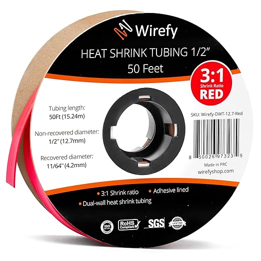 Wirefy 1/2" Heat Shrink Tubing - 3:1 Ratio - Adhesive Lined - a resistant Heat Shrink - Red - 50 Feet Roll