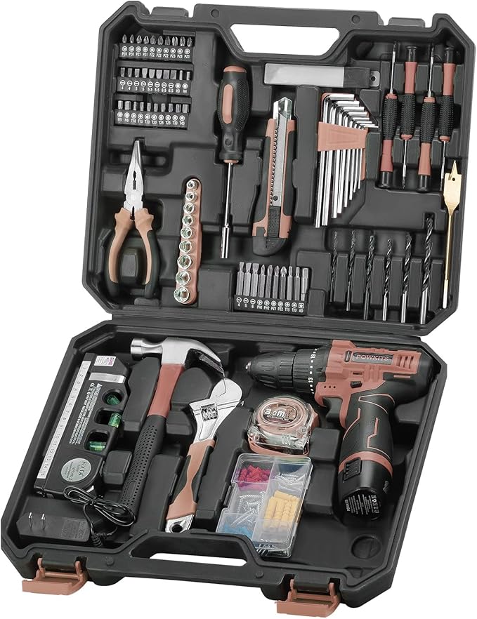 Drill Tool Kit: 12V Cordless Power Drill Home Tool Set 142 Piece, Brown