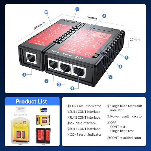 NOYAFA NF-468S Network Cable Tester, RJ12 RJ11 RJ45 Ethernet Cable Tester for CAT5 CAT5E CAT6 CAT6A, POE Tester Continuity UTP/STP Cable Toner LAN Telephone line CAT3 Cable Network Tools