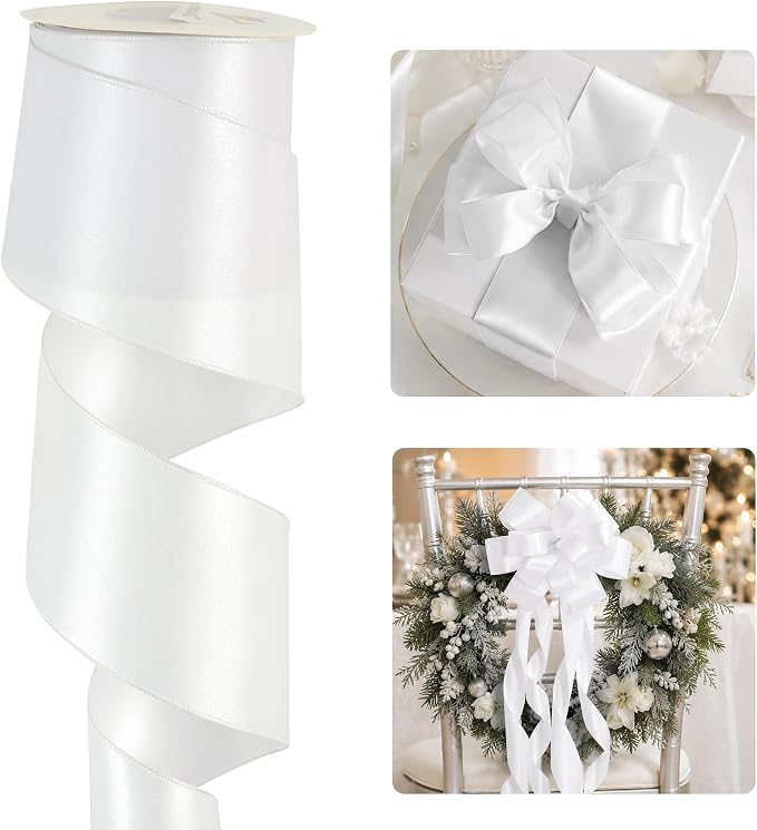 HUIHUANG White Wired Satin Ribbon 2.5 inch White Double-Faced Satin Wire Ribbon by HUIHUANG