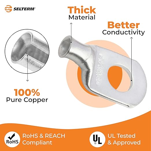 SELTERM 2pcs 8 AWG 3/8" Stud (Wide Pad) Tinned Copper Wire Lugs, Battery Lugs, Ring Terminals, Battery Cable Ends, 8 Gauge Ring Terminal Connectors, UL Marine Grade Battery Terminal Connectors