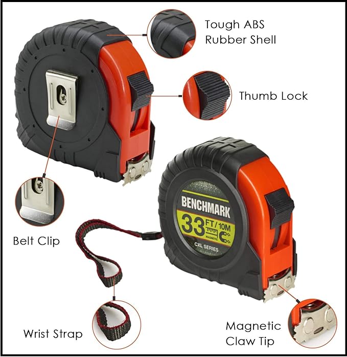 Benchmark - 3 PACK - 33 Foot (10 Meter) Tape Measures with Inches & Centimeters. Autowind, Belt Clip and Large Magnetic Claw Tip.