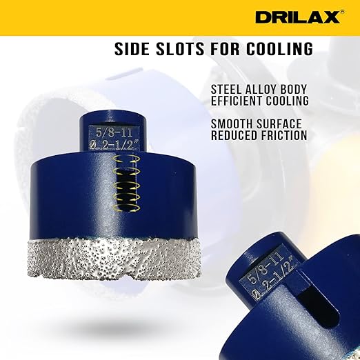 Drilax Pro Series 2-1/2 Inch Diamond Hole Saw | for Angle Grinders (5/8"-11 Thread) & Regular Drills (Adapter Incl.) | 1-3/8" Depth | Fast Dry Drilling for Large Pipes, Vents, Conduit | Long Life