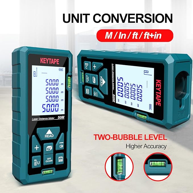 Laser Measure 328ft KEYTAPE Laser Distance Measure with Real Time, Upgraded M/in/FT/FT+in Unit Switching Backlit LCD and Pythagorean Mode, DT100 Portable Handle Digital Measurement Tool Range Finder