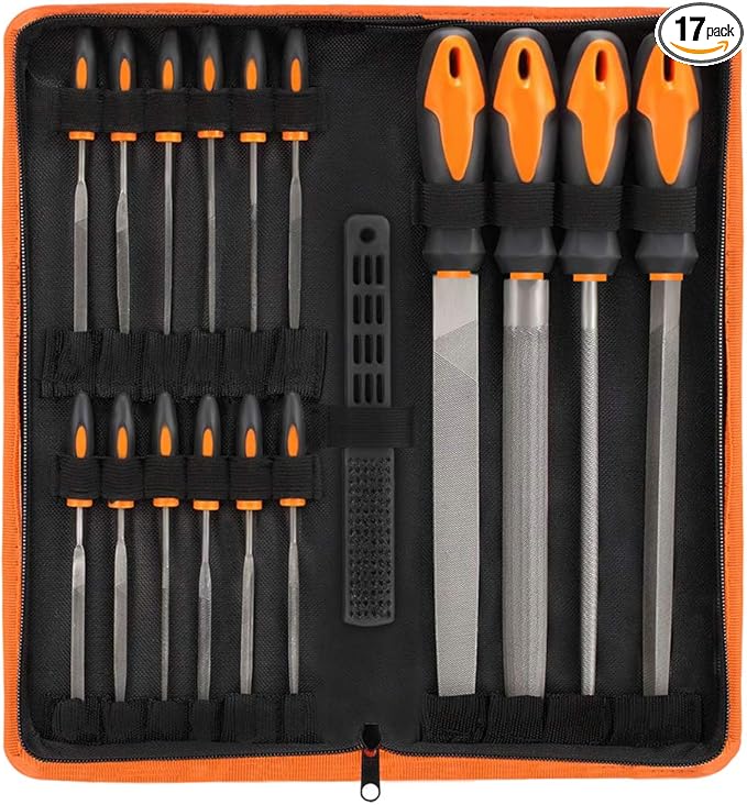 17Pcs File Tool Set with Carry Case,Premium Grade T12 Drop Forged Alloy Steel, Precision Flat/Triangle/Half-round/Round Large File and 12pcs Needle Files/1 brush