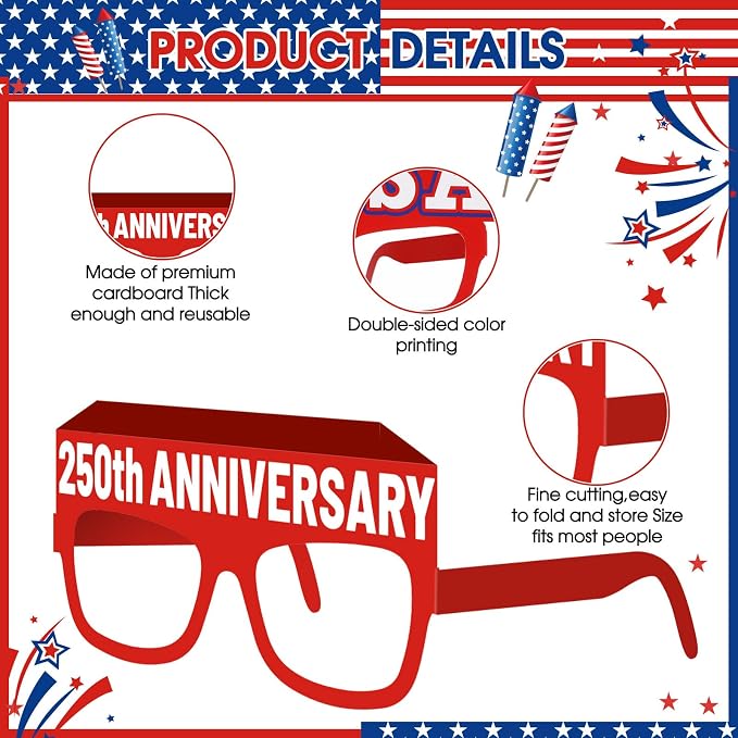 Pajean 48 Pcs USA Patriotic Party Decorations Eyeglasses 250th Anniversary - Image 3