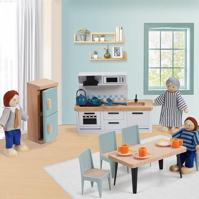 Giant bean 36pcs Wooden Dollhouse Furniture Set 5 Rooms 4 Family Dolls - Image 4