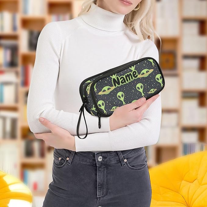 Custom Green Aliens Space Pencil Case Box Boys Girls Personalized Name Large - Image 8