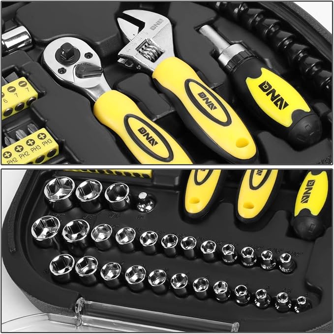 DNA MOTORING 64pcs Mechanic's Auto & Home Repair Tool Box, Screwdriver Bit Tool Set, SAE and Metric Socket Wrench Set, Yellow/Black, TOOLS-00027