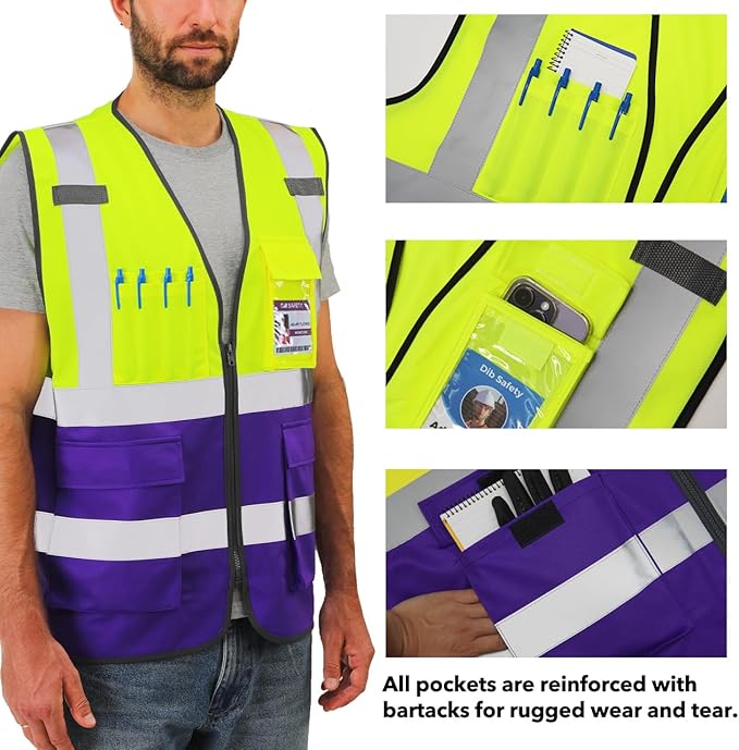 Dib Safety Reflective Vest High Visibility with Pockets and Zipper, Yellow and Purple S