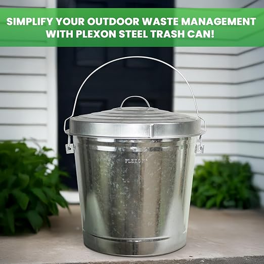 Plexon Metal Trash Can with Locking Lid Outdoor Storage Bucket for Bird Seed Ash Galvanized Steel 10-Gallon 3 Pack