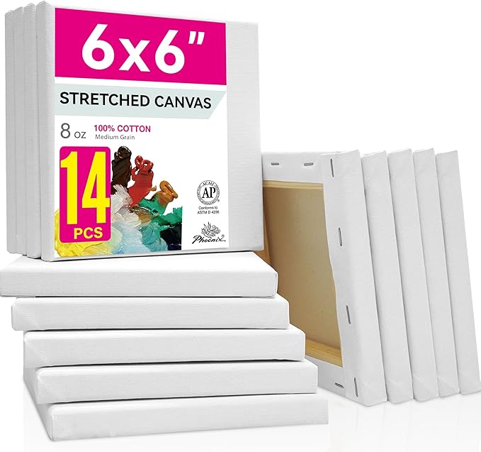 PHOENIX Small Stretched Canvas for Painting 6x6 Inch/14 Bulk Pack, 8 Oz Triple by PHOENIX