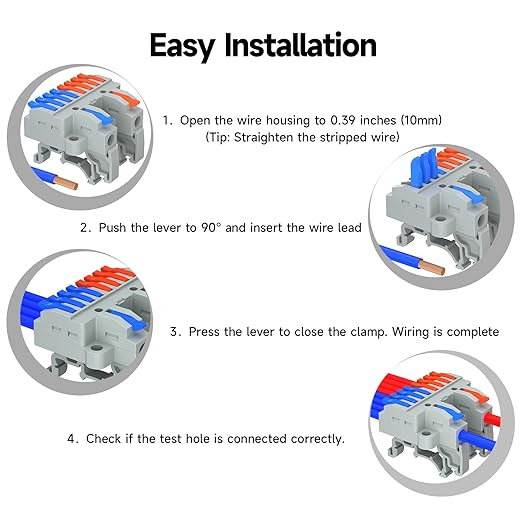 3Pcs Lever Wire Connectors, 2 in 8 Out, Push-in, 4-2.5 mm² Quick Wiring DIN Terminal Blocks, 30Pcs Wire Ferrules Terminals & 5.51 Inch DIN Rail Included