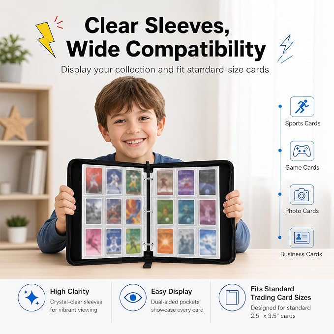 9 Pocket Card Binder with 50 Removable Sleeves, Holds 900 Cards | 3 Ring Zipper - Image 5