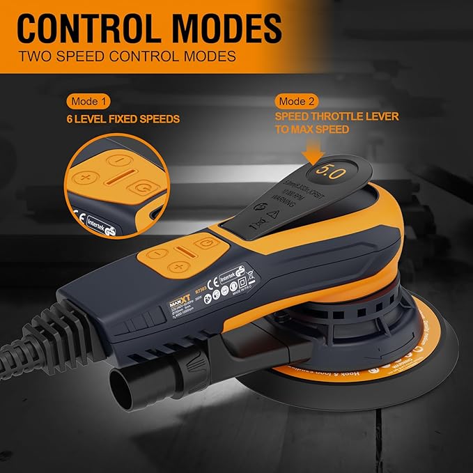 MAXXT Electric 5mm Random Orbital Sander, Palm Sander with Brushless Motor, 5&6Inch Sanding Pads, Central Vacuum, Sanders for Woodworking, Primary Wood and Panel Processing(Orange)