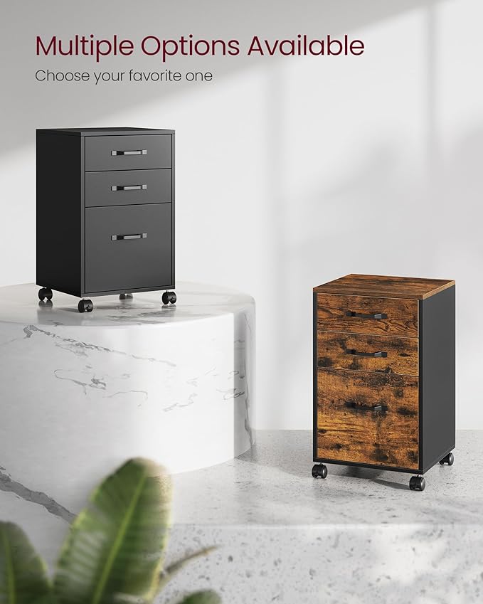 VASAGLE File Cabinet, 3 Drawers Filing Cabinet for Home Office, with Wheels, for A4, Letter Sized Documents, Hanging File Folders, Rustic Brown and Ink Black UOFC065B01