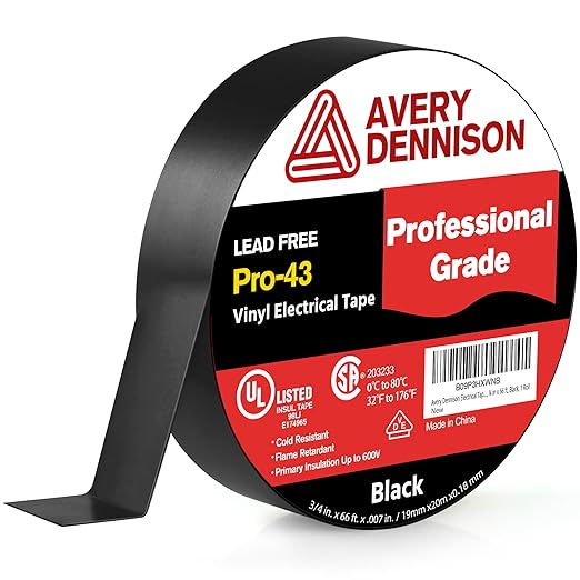 Avery Dennison Electrical Tape, Professional Grade PVC Electric Tape, UL/CSA Listed Insulating Vinyl Tape for Electrical, Repairs, Automotive and Equipment, Pro-43, ¾ in x 66 ft, Black, 1 Roll