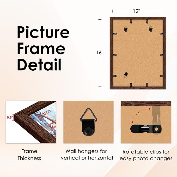 FIXSMITH 12x16 Picture Frame Brown Set of 2, Photo Frame - Image 3
