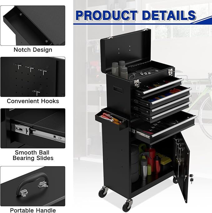 5 Drawer Tools Chest, Tool Cabinet with Universal Lockable Wheels，Tool Box with Detachable Top Box for Workshop(Black)