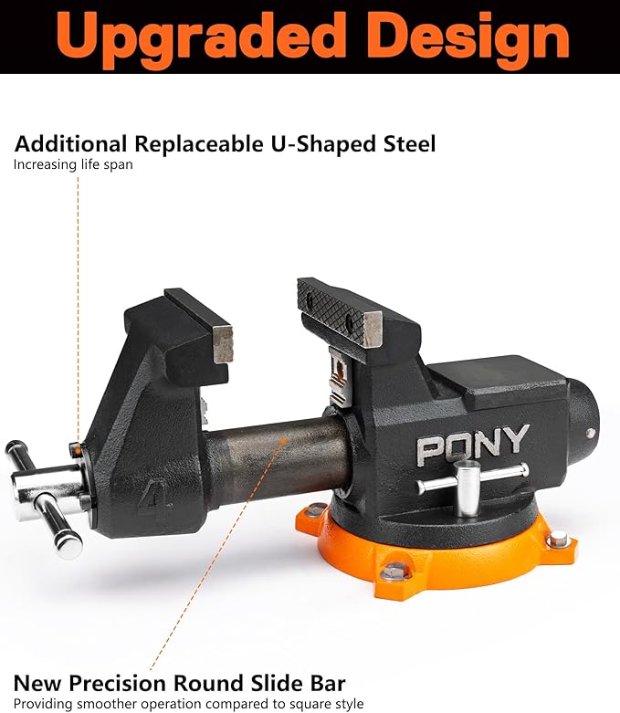PONY 4 Inch Heavy Duty Bench Vise 4400LBS Clamping Force, Pro Workshop Workbench Vise with 360-Degree Rotatable Base and Anvil, 4-Inch Jaw Opening and Width for Woodworking, Drilling, Pipe Cutting