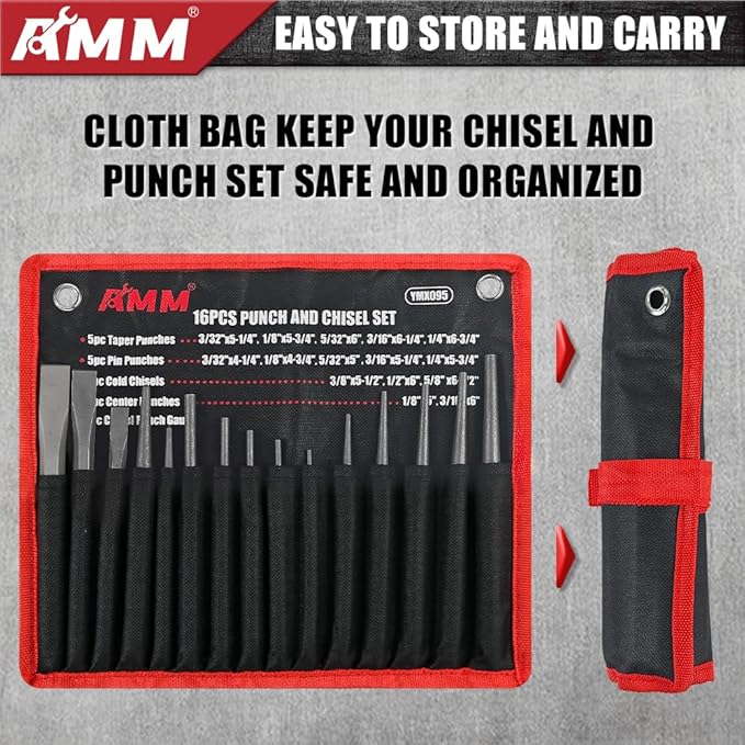 AMM 16PCS Punch and Chisel Set, including Taper Punch, Cold Chisels, Pin Punch and Center Punch, Cr-V for Working with Wood, Metal, Automotive