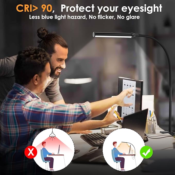 ShineTech LED Desk lamp with Clamp, Eye-Caring Clip Lights for Home Office, 3 Colors Full Brightness, Flexible Gooseneck USB Adapter Table Lamp, Black