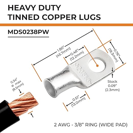 SELTERM 2pcs 2 AWG 3/8" Stud (Wide Pad) Tinned Copper Wire Lugs, Battery Lugs, Ring Terminals, Battery Cable Ends, 2 Gauge Ring Terminal Connectors, UL Marine Grade Battery Terminal Connectors