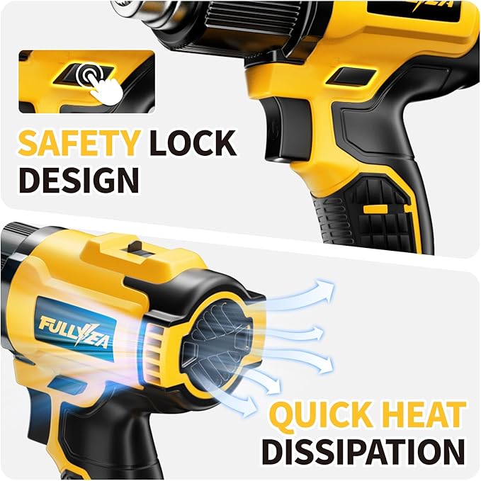 Cordless Heat Gun, 300℃-550℃ Fast Heating Gun Kit, 2 Temperature Setting Cordless Heater, Hot Air Gun with 2*4.0Ah Batteries & 5 Types Nozzles, Heat Guns for Shrink Tubing, Crafting (Yellow)