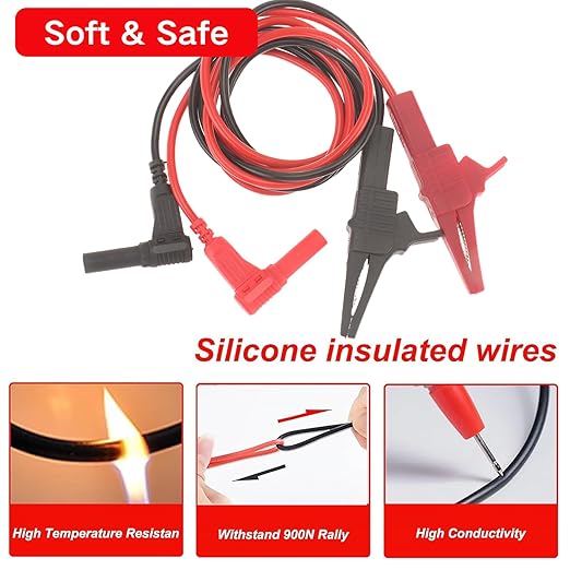 2PCS Heavy Duty Alligator Clips Test Leads, 18AWG Multimeter Alligator Clips Test Leads to Right Angle 4mm Banana Plug for Multimeter & Voltmeter, 3Ft 600V/1000V, Double Insulated ﻿ ﻿