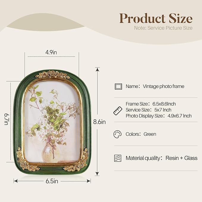 Cuspin Vintage 5x7 Picture Frame Green and Gold Frames, Ornate Arch Picture - Image 5