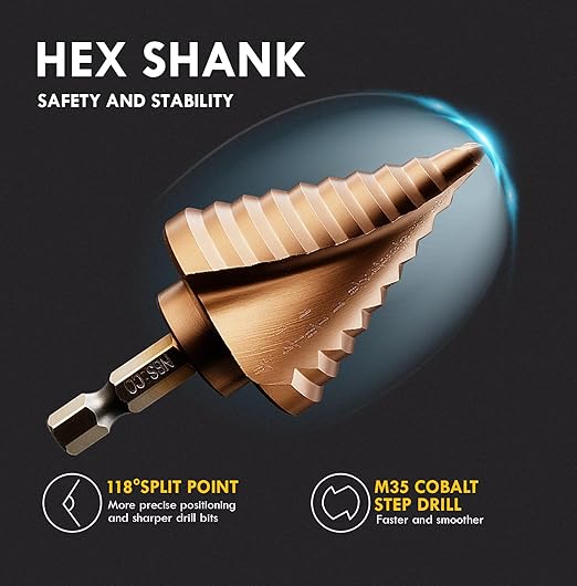 M35 Cobalt Step Drill Bit Set with Automatic Center Punch, 1/8" to 1-3/8", 6 PCS Step Drill Bit for Stainless Steel, Metal, Aluminum, Copper, Wood, PVC