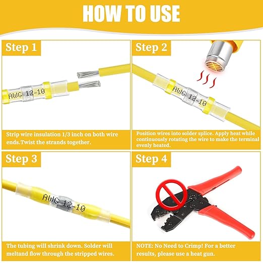 200PCS Solder Seal Wire Connectors Yellow, 12-10 AWG Self Soldering Heat Shrink Wire Connectors Marine Grade Waterproof Insulated Electrical Butt Splice Wire Terminals for Automotive Boat Truck