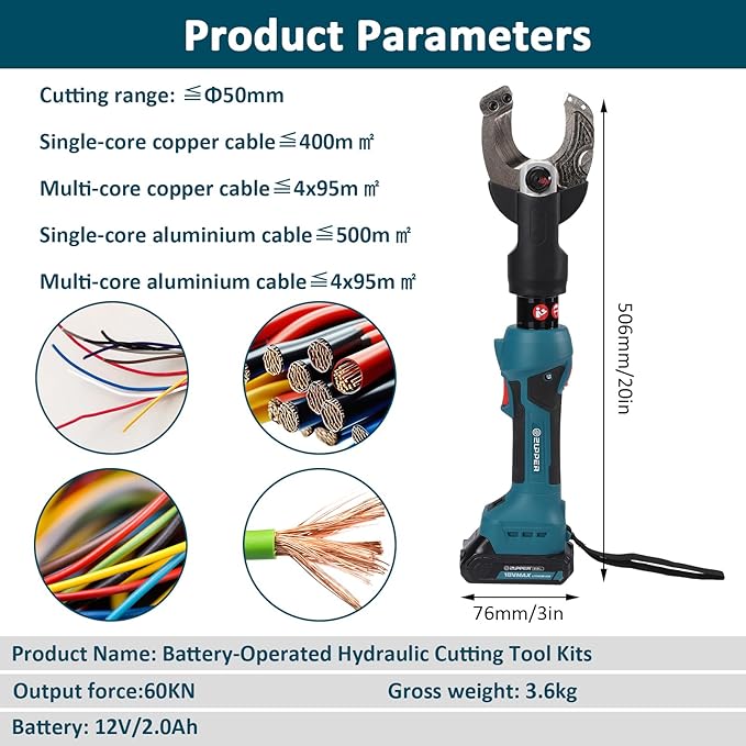 Cordless Hydraulic Cutting Tool Kits with 2pcs 18V 2Ah Battery and Durable Carrying Cases,Heavy Duty Wire Cutter for Copper/Aluminum Cable