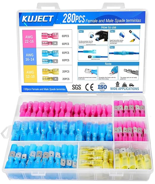 Kuject 280PCS Heat Shrink Wire Connectors, 22-10 AWG Electrical Insulated Male Female Wire Spade Terminals, Quick Disconnect Waterproof Crimp Butt Terminals for Automotive Marine Boat Truck