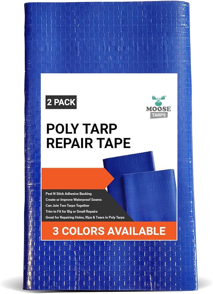 Heavy Duty Tarp Waterproof Poly Repair Tape, UV Resistant, Strong Adhesive Weatherproof Patch Kit, Repairs Holes, Patches, Rips, Tears, Frayed Edges in Tarps, Tents, 2 Pack, Blue