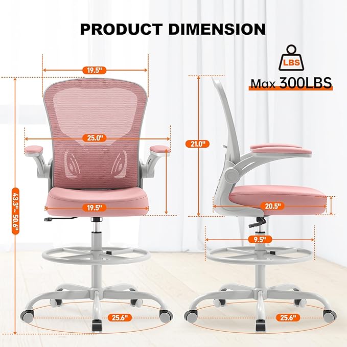 Ergonomic Drafting Chair, Tall Office Chair with Flip-up Armrests, Breathable Mesh High Desk Chair with Lumbar Support Adjustable Footrest Ring for Standing Desk Pink